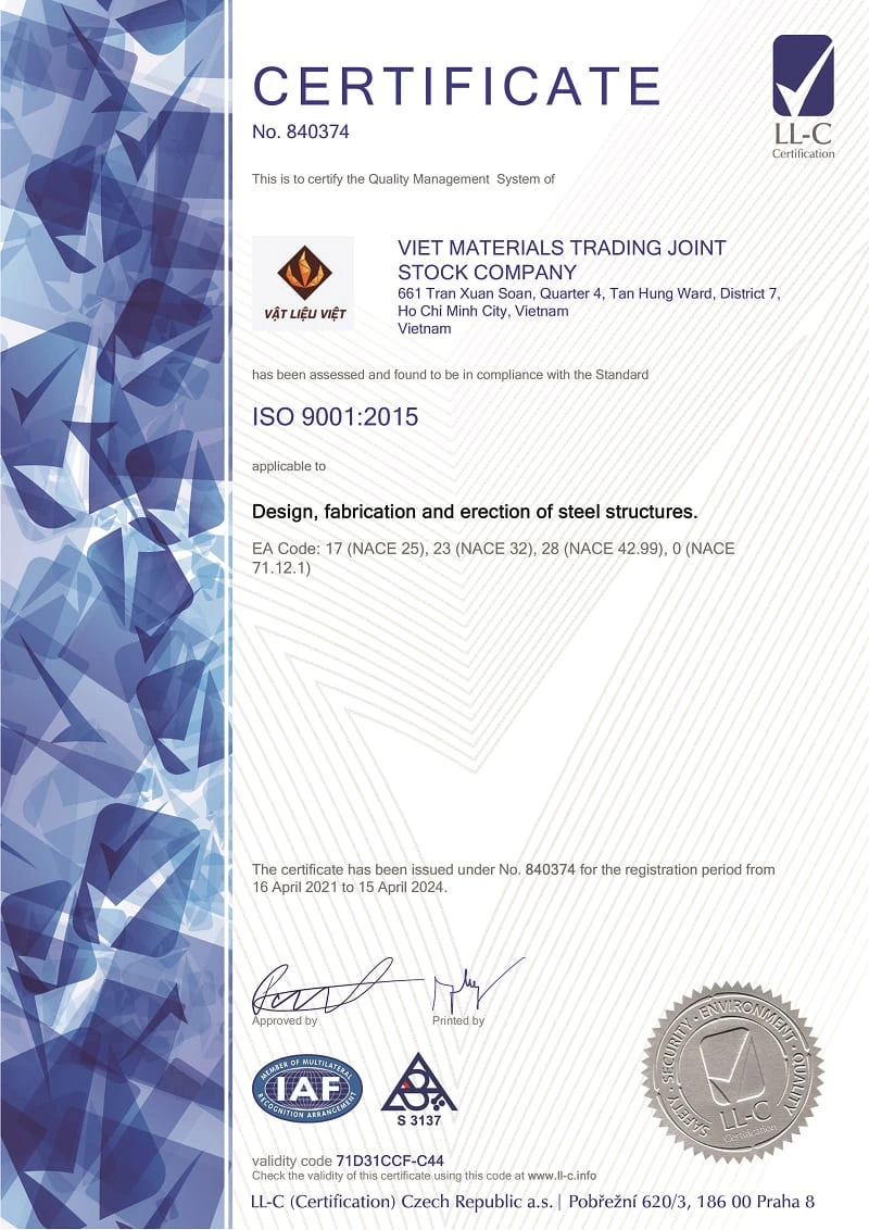 Công ty Vật Liệu Việt đạt chứng chỉ ISO 9001-2015