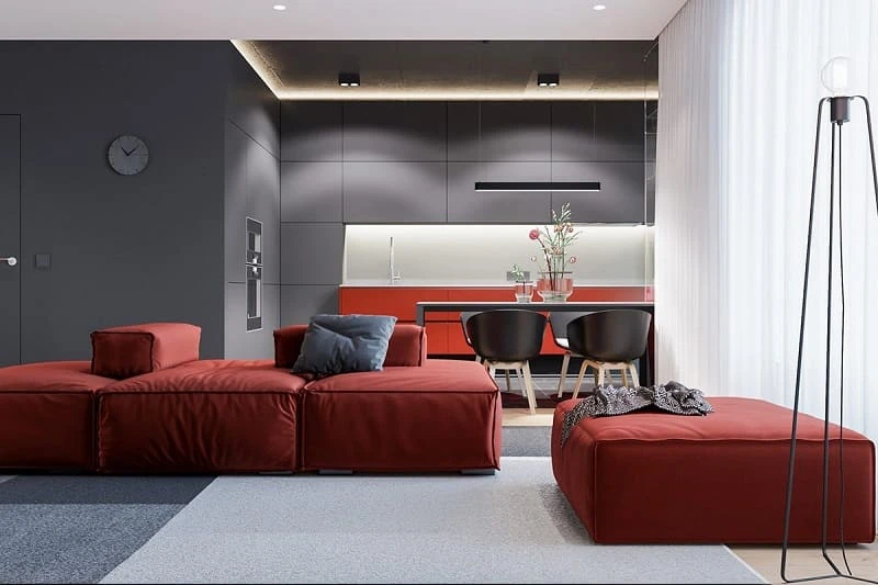 Sự kết hợp của cặp màu Đỏ và Xám trong thiết kế nội thất